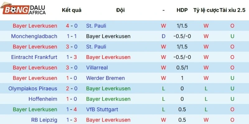 Kết quả các trận đấu gần đây của Leverkusen