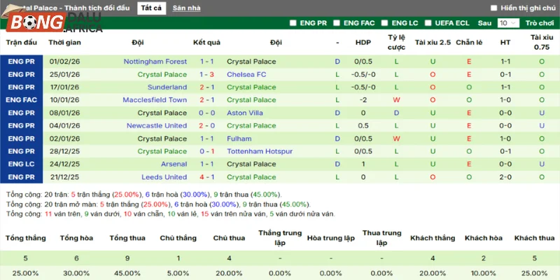 Thống kê phong độ Crystal Palace mới nhất